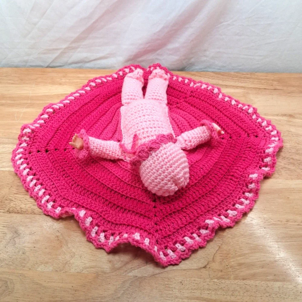 Vintage Crocheted Baby Doll In Blanket Pink and White Rubber Face Hands Granny